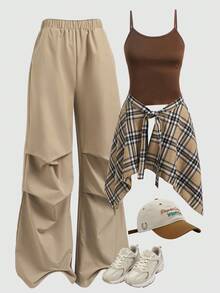Girlism Teen Girl Knitted White Camisole Top, Ruched Woven Long Pants, Casual Outfit With Skirt - Multicolor - View 1