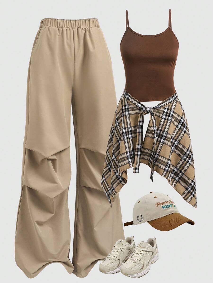 Girlism Teen Girl Knitted White Camisole Top, Ruched Woven Long Pants, Casual Outfit With Skirt - Multicolor - View 1