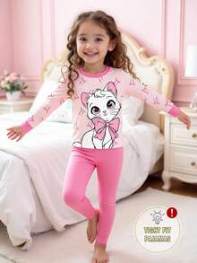 1set Baby Girls' Pajamas, Pink Cute Cartoon Cat & Bow Print, Snug Fit Long Sleeve Top And Pants, Spring/Autumn - Pink - View 3
