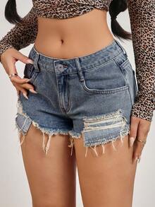 SHEIN PETITE Women's Casual Distressed Denim Shorts With Slant Pockets, Summer - Blue - View 1