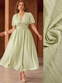 Roveilla Plus Size Women's New Spring Dress, Summer Ladies Clothing Textured Dress, Flared Hem Dress, Birthday Dress, Vacation Bohemian Style Elegant Wedding Guest Romantic Dress Summer Elegant Dress Smocked Women Dress Light Green Dress Women Elegant Summer Dress Women Casual Dresses Women Dresses Elegant Classic Picnic Dresses For Women Women's Dress Resort Wear Women Vacation Dress Summer Elegant Dresses For Women Long Casual Dresses For Woman - Light Yellow - View 9