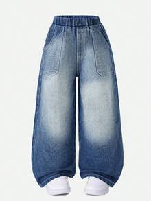 SHEIN Casuvi Kids Young Boy's Casual Fashion Street Style Loose Fit Wide Leg Jeans, Versatile For Daily Wear - Blue - View 1