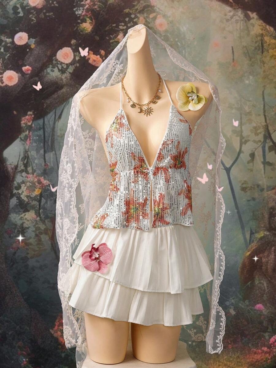 EgrlEra 彩色百合花印花亮片性感深V领露背系带无袖上衣，适合春夏秋季穿着。 - 彩色 - 查看 1