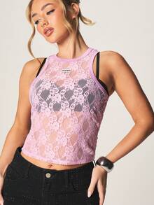 Missguided x Playboy Áo tank top không tay ren in logo thỏ, chất liệu hơi xuyên thấu, thời trang mùa xuân hè và lễ hội. - Hồng - Xem 1