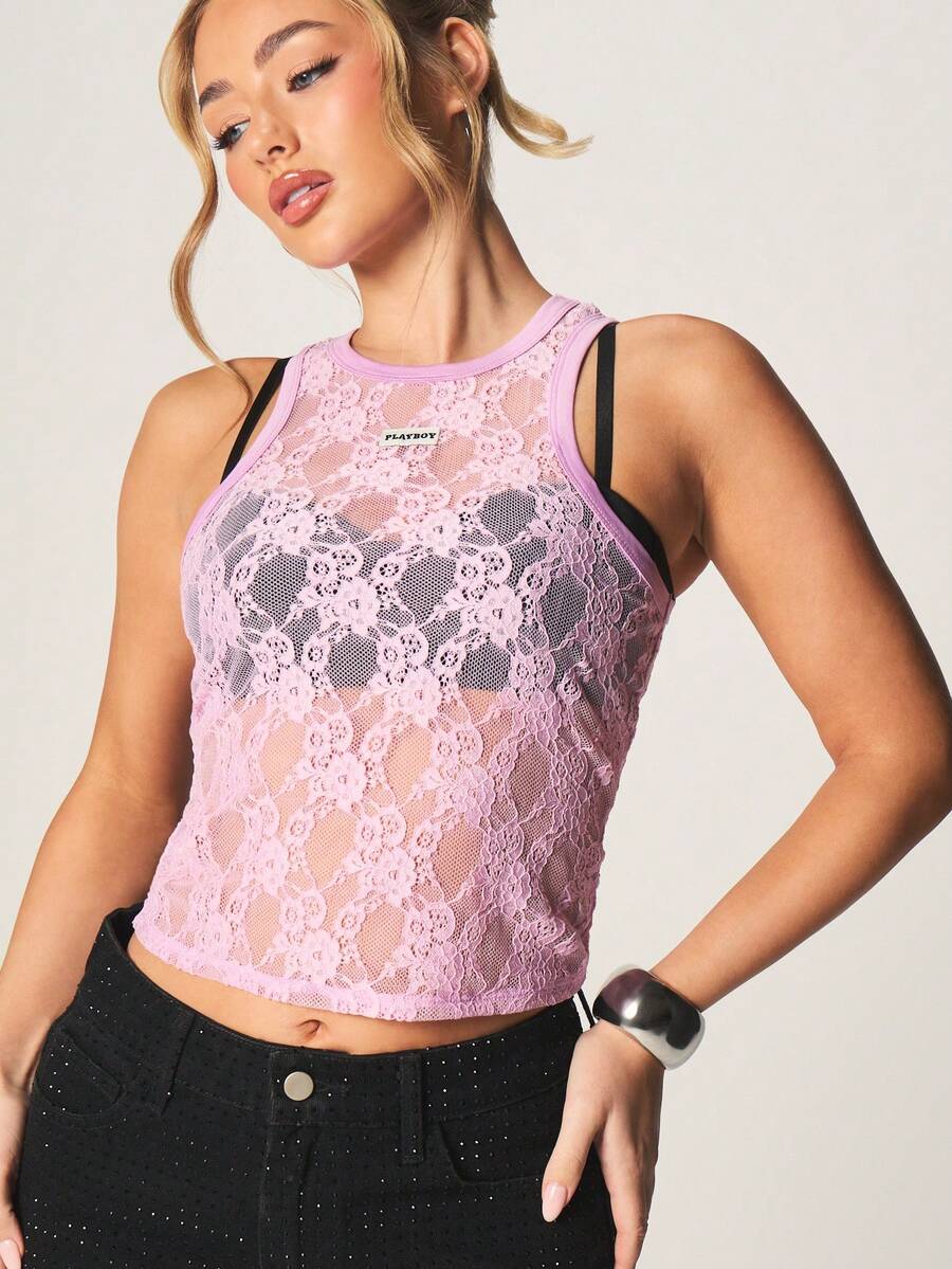 Missguided x Playboy Áo tank top không tay ren in logo thỏ, chất liệu hơi xuyên thấu, thời trang mùa xuân hè và lễ hội. - Hồng - Xem 1