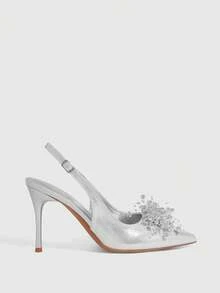 CUCCOO SZL 女士尖头细高跟鞋，银色，球形装饰，时尚性感，适合派对、宴会、夜总会等场合。 - 銀色 - 查看 4
