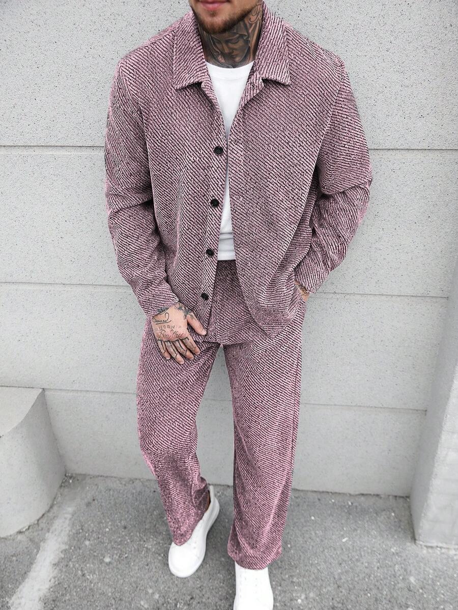 Manfinity CasualCool Bộ áo sơ mi dài tay cài cúc phía trước màu trơn dành cho nam và quần dài có túi xéo. - Hồng - Xem 1