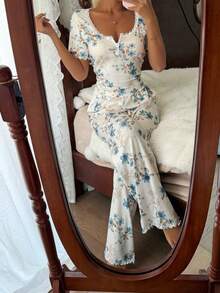 Floral Print Lace Trim Square Neck Button Decor Short Sleeve Pajama Set Pj Set Women Lounge Sets Floral Pj Set Sleep Wear Women 2 Piece Set Pajamas Set - Beige - View 7
