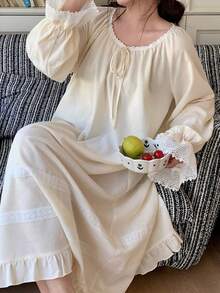 Dazy Plus Plus Size Sweet Lace Patchwork Ruffle Hem Long Sleeve Nightgown Pajamas - Apricot - View 4