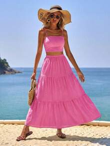 Vivid Eden Vacation Style Monochrome Hollow Out Embroidered Top & Long Skirt 2pcs/Set,Wedding Season - Pink - View 5