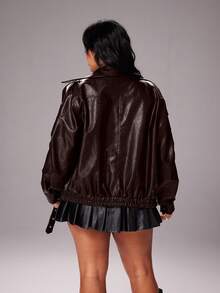 Rustia 大码女式时尚宽松机车皮夹克，街头风，秋季款 - 鏽棕色 - 查看 2