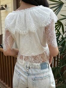 DAZY 女士休闲花卉蕾丝V领短款上衣，夏季 - 白色 - 查看 3
