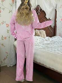 SHEIN Women's Casual Striped Print Loose Fit Round Neck Long Sleeve Pajama Set - Multicolor - View 2