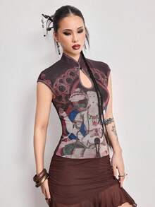 ROMWE Avant Spring/SummergraphicVintage Neo-Chinese Style Mesh Print Mandarin Collar Top - Multicolor - View 6