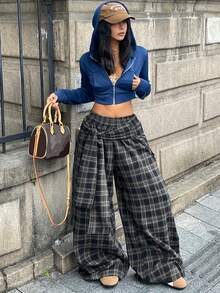 Coolane 女士休闲格子梭织宽松阔腿裤，秋季款 - 寶藍色 - 查看 6