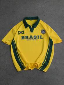 Manfinity Campus Court 男士休闲时尚街头通勤字母巴西国旗印花撞色条纹短袖Polo衫，夏季 - 彩色 - 查看 4