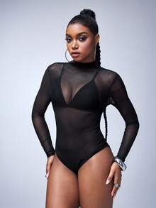 Y2Kool BiGraphic Women's Black Sexy Hot Girl Casual Stand Collar Long Sleeve Sheer Mesh Jumpsuit Sexy Bodysuit Sheer Bodysuit Leotard - Black - View 4
