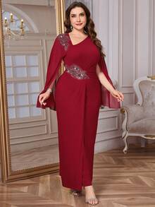 Reflora 大码女士优雅雪纺蝙蝠袖连衣裙 - 紅色 - 查看 8