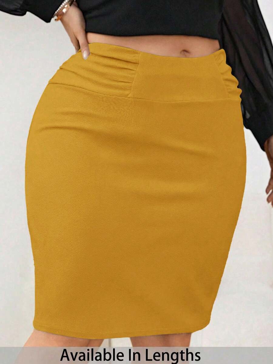 SHEIN Tall CURVE 大码夏季简约纯色褶裥紧身裙 - 黃色 - 查看 1