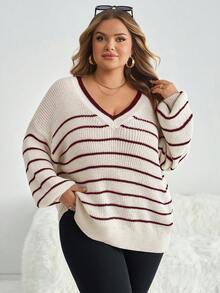 SHEIN CURVE+ Plus Size Bowknot Back Sweater, Striped Pattern Pullover Autumn Winter Clothes For Women - Burgundy - View 5