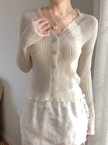 FRIFUL 女士时尚休闲针织罗纹薄开衫 - 白色 - 查看 4