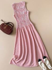 Muvela 春夏新款粉白条纹圆领无袖褶皱松紧腰喇叭下摆连衣裙，优雅嘉年华派对时尚都市通勤工作装 - 淺藍色 - 查看 2