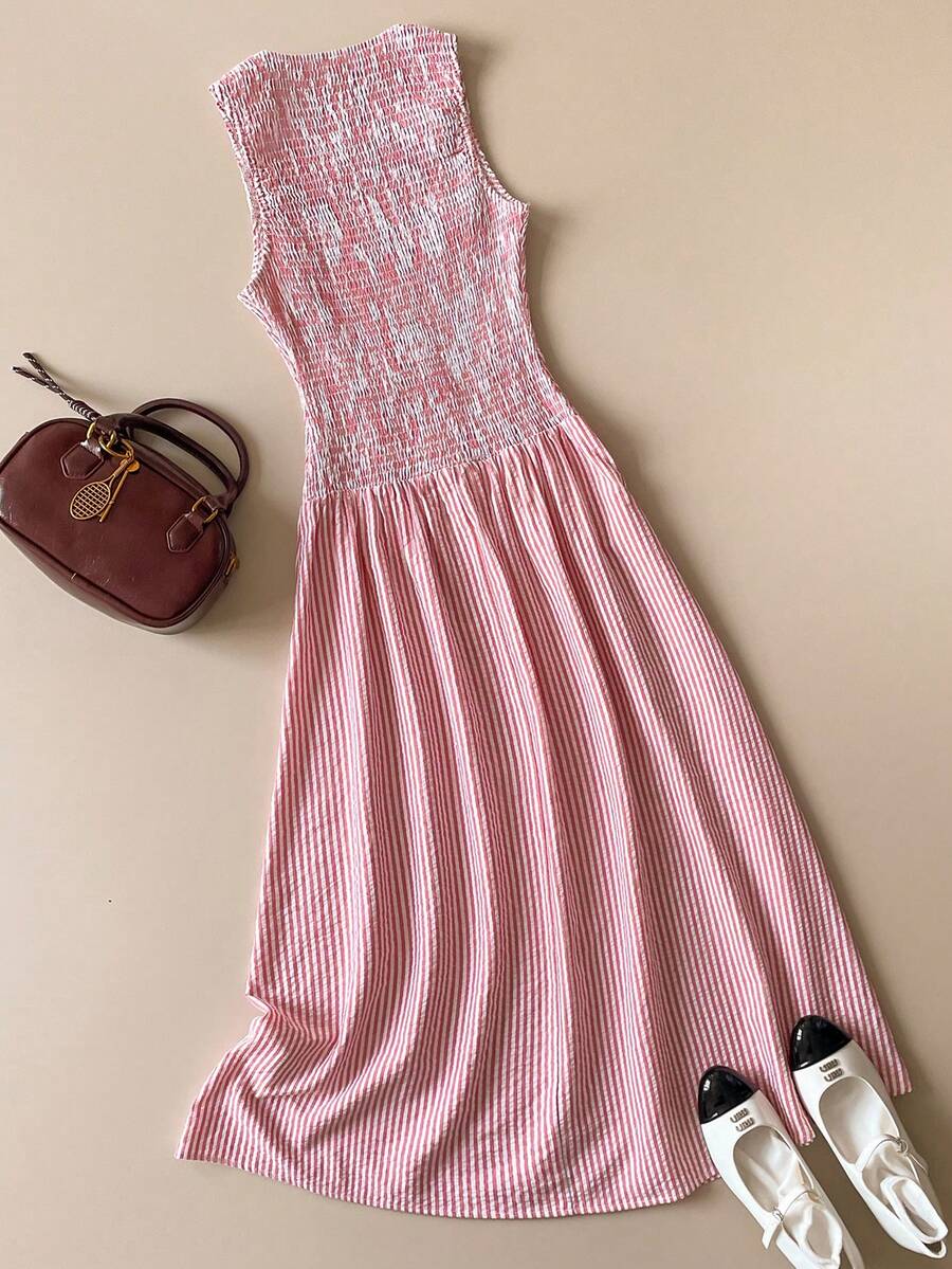 Muvela Spring/Summer New Arrival Pink & White Striped Round Neck Sleeveless Shirred Elastic Waist Flared Hem Dress, Elegant Carnival Party Chic Urban Commute Workwear - Baby Blue - View 1