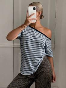 DAZY Women's Loose Casual Striped Asymmetrical Shoulder T-Shirt - Blue - View 7