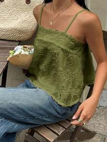 SHEIN Frenchy 女士纯色蕾丝休闲百搭吊带背心 - 綠色 - 查看 6