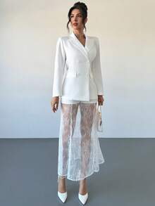 RiviMae 女士春秋季垫肩双排扣西装外套及蕾丝鱼尾裙套装 - 杏色 - 查看 1