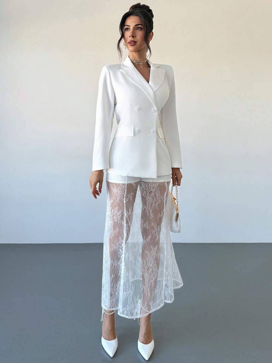 RiviMae 女士春秋季垫肩双排扣西装外套及蕾丝鱼尾裙套装 - 杏色 - 查看 1