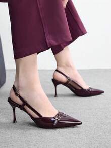 CUCCOO BIZCHIC 女士尖头酒红色系带露跟鞋，时尚优雅，简约百搭，通勤必备高跟鞋 - 深酒紅色 - 查看 4