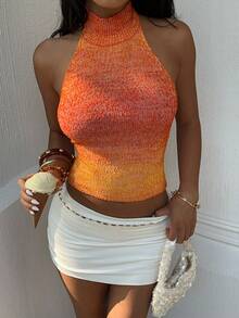 Selianne 美国性感渐变色高领针织吊带背心，修身无袖露脐上衣，女士春夏款 - 橘色 - 查看 7