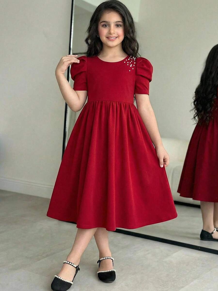 SHEIN Tween Girls' Spring/Summer Casual Urban Elegant Fashion Beaded Gigot Sleeve Splice Ruched Flare Hem Dress - Burgundy - View 1