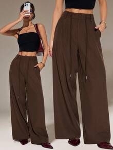 SHEIN PETITE Women's Solid Color High Waist Pockets Wide Leg Loose Pants, Suitable For Spring/Summer, Daily Wear, Commuting - Coffee Brown - View 10