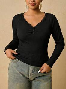 Freevana 大码舒适自发热女士长袖休闲T恤 - 黑色 - 查看 1