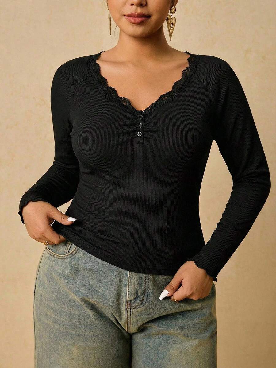 Freevana 大码舒适自发热女士长袖休闲T恤 - 黑色 - 查看 1