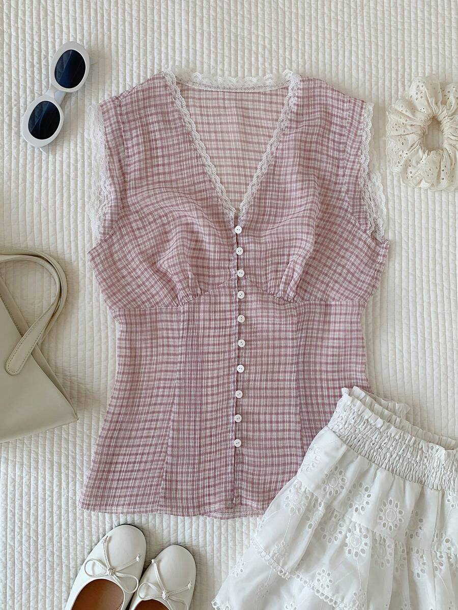 Comfortcana 粉色半透明蕾丝V领格子印花休闲无袖上衣 - 粉色 - 查看 1