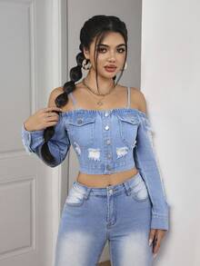 SHEIN PETITE Women's Off-Shoulder Long Sleeve Distressed Denim Short Jacket - Blue - View 4