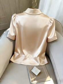 Franclia Women's Elegant Champagne Gold Satin Blouse,Faux Pearl Collar,Metal Buttons,Puff Short Sleeve,Waist Cinched Office Work Shirt,Summer Holiday Top - Apricot - View 2