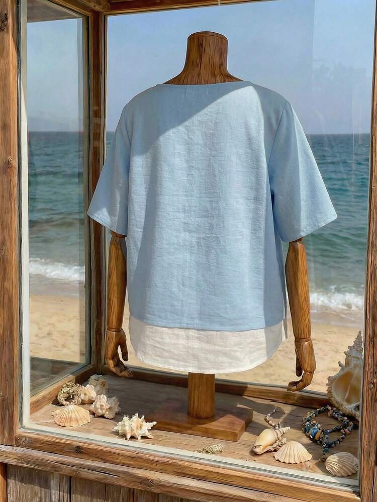 Plus Size Casual Blue White Long Blouse With V Neck And Short Sleeves Made Of Woven Fabric For Women