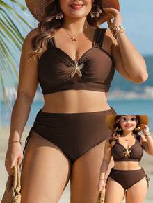 Swim Lushoire Set Pakaian Renang Pesta Pantai Wanita Ukuran Besar, Atasan Motif Bintang Laut Polos dengan Tali Lebar dan Tali Serut Samping di Pinggang serta Bawahan Segitiga - Coklat - View 1