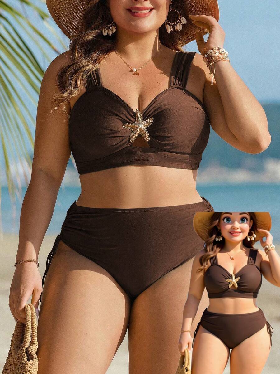 Swim Lushoire Set Pakaian Renang Pesta Pantai Wanita Ukuran Besar, Atasan Motif Bintang Laut Polos dengan Tali Lebar dan Tali Serut Samping di Pinggang serta Bawahan Segitiga - Coklat - View 1