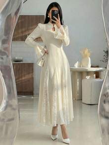 Modelyn 女士优雅混纺面料蘑菇扣腰部喇叭中长裙 - 杏色 - 查看 1