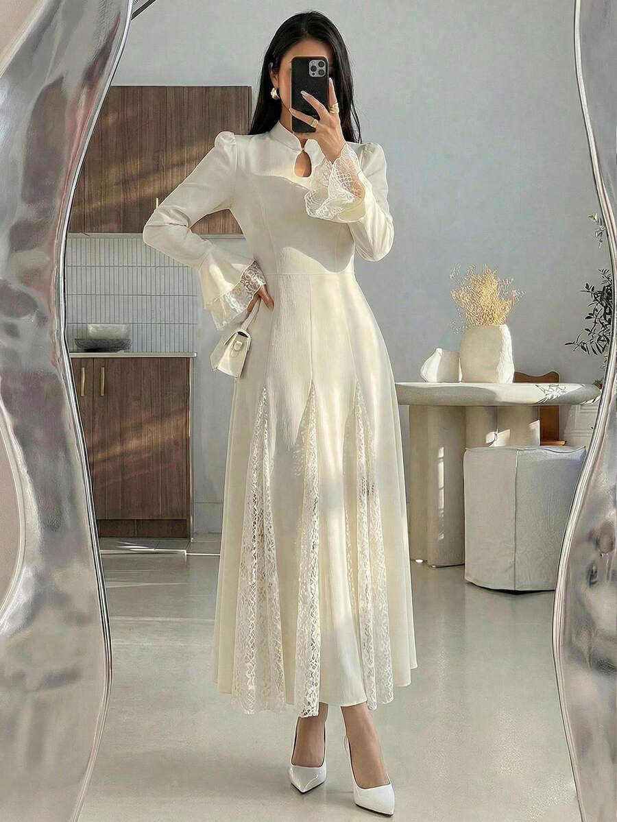 Modelyn 女士优雅混纺面料蘑菇扣腰部喇叭中长裙 - 杏色 - 查看 1