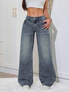 SHEIN PETITE Women's Casual Everyday Washed Slant Pocket Straight Leg Jeans - Blue - View 7