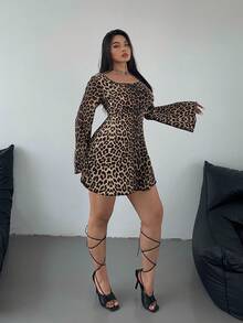 Flirla Plus Size New Sexy Leopard Print Flare Sleeve Bodycon Mini Dress, With Belt And Backless Design Fall Cloth For Women - Multicolor - View 4