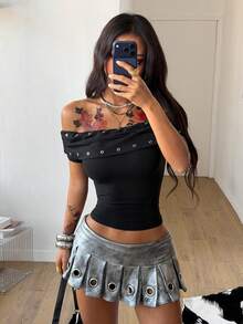 Coolane 女士夏季Y2K复古90年代音乐节派对弹力舒适褶皱黑色修身露肩褶裥上衣露肩孔眼黑色T恤 - 黑色 - 查看 3