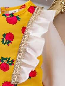 Conjunto de 2 piezas de camiseta de manga larga con encaje floral y cinta dorada, y falda con estampado floral ditsy, para niñas pequeñas, esencial de viaje de verano, moda suave y esponjosa, 2026 - Amarillo - Ver 4