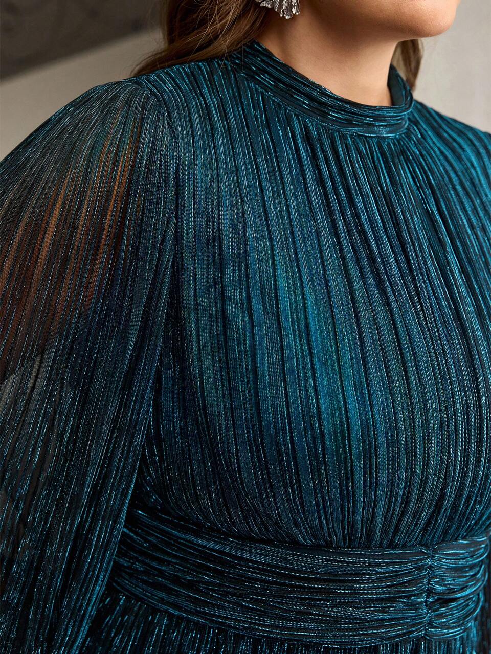 ZEYLAH Plus Size Elegant Glitter Waist Fitted Pleated Long Dress Fall